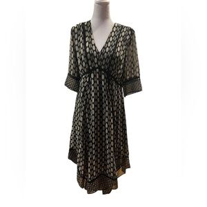 Taylor Women's 8 Flowy Midi Dress Black Beige Geometric Empire Waist V Neck